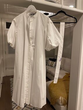 White Button-Front Puff Sleeve Shirt Dress with Belt